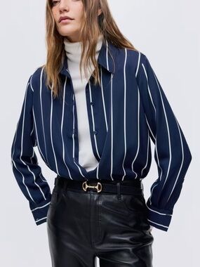 H&M Navy and White Vertical-Stripe Button-Down Shirt